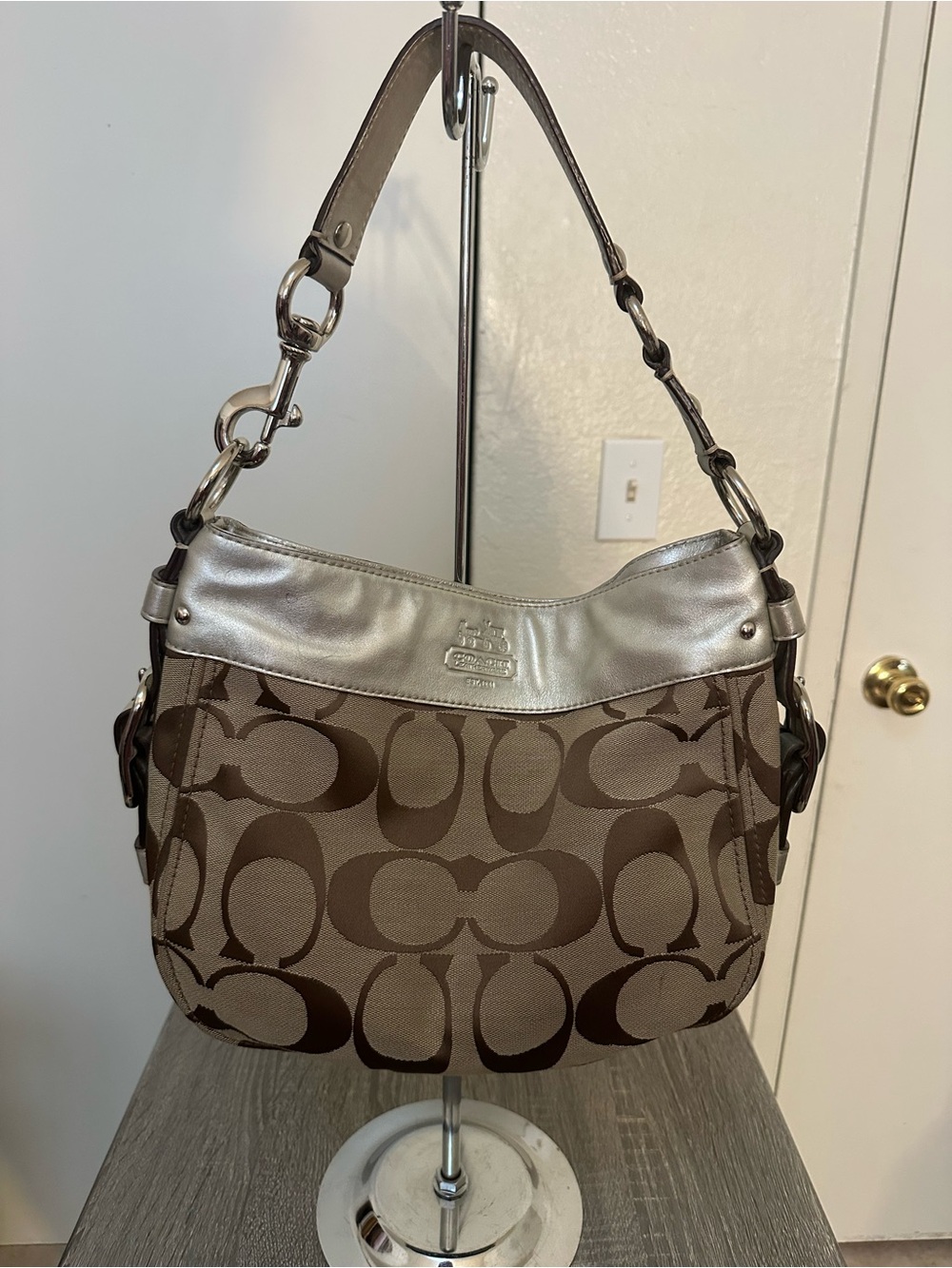 Coach Monogram Shoulder Bag in Brown and Silver Metallic Trim